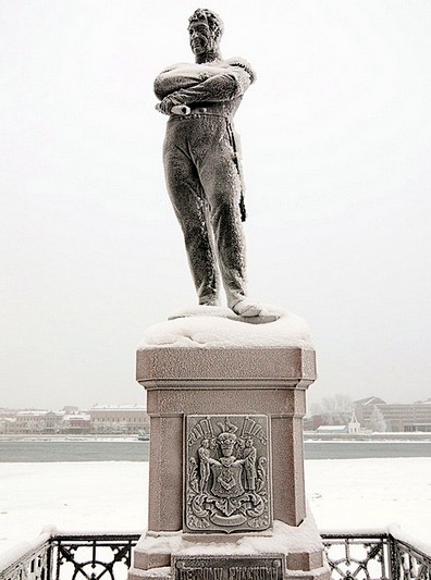 Monument to Admiral von Krusenstern in winter in Saint-Petersburg, Russia