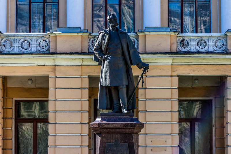 Monument to Alexander II in front of the former building of the Nikolaevsky Academy of the General Staff in St Petersburg, Russia