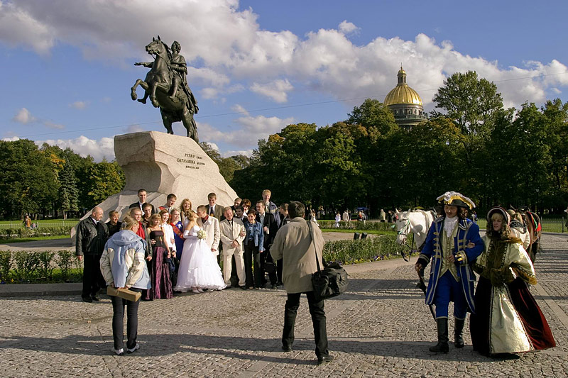 Wedding Party next to the Bronze Horseman in St Petersburg, Russia