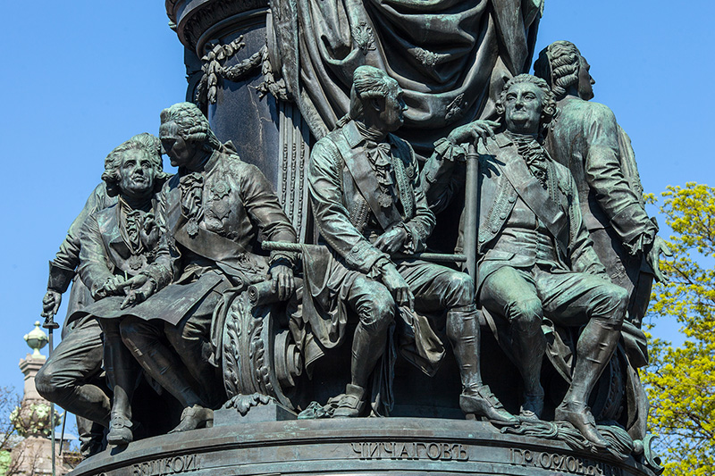 Decorated pedestal of the Monument to Catherine the Great in St Petersburg, Russia