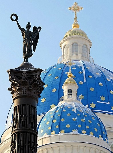Column of Glory and the dome of Trinity Cathedral in Saint Petersburg, Russia