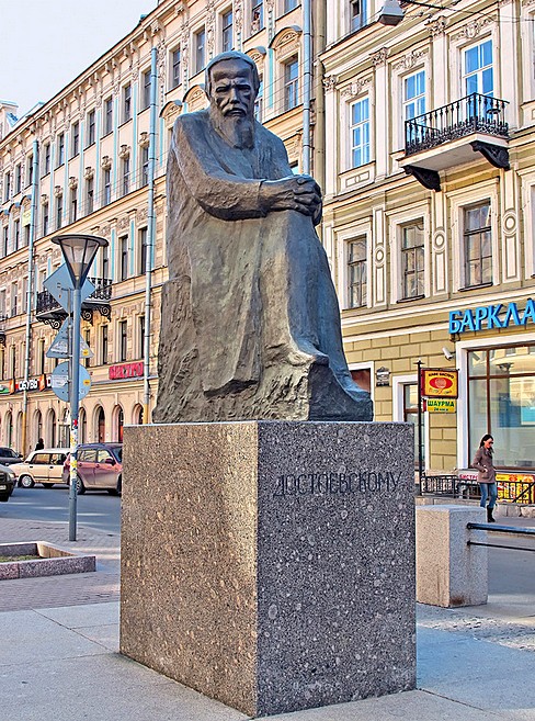 Statue of the writer Fyodor Dostoevsky on Vladimirskaya Ploshchad and Bolshaya Moskovskaya Ulitsa in Saint-Petersburg, Russia