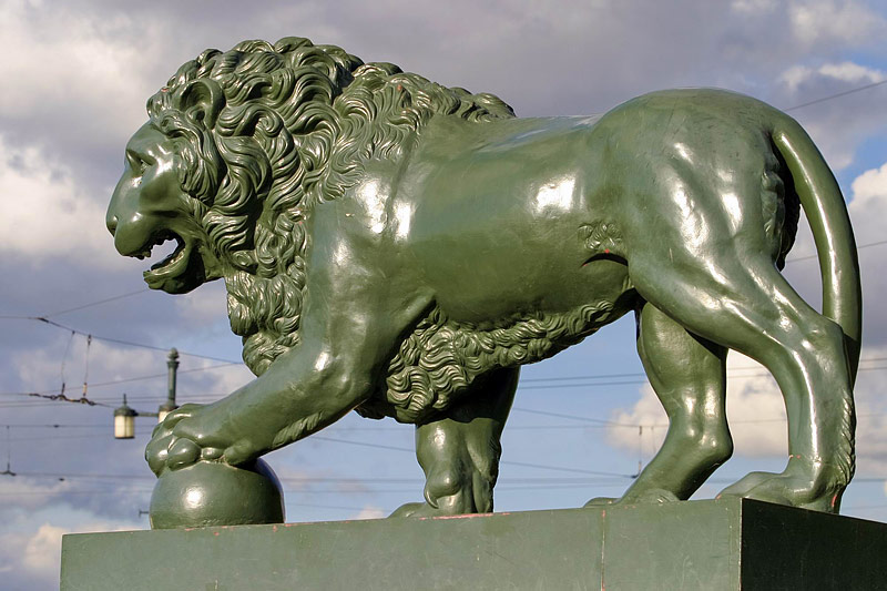 Lion statue on Palace Pier near the Winter Palace in St Petersburg, Russia