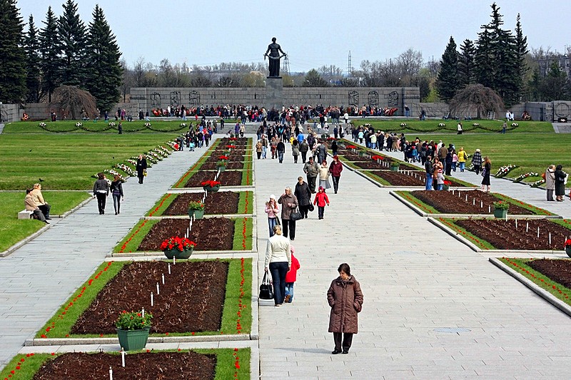 Central alley of Piskaryovskoye Memorial Cemetery in Saint-Petersburg, Russia