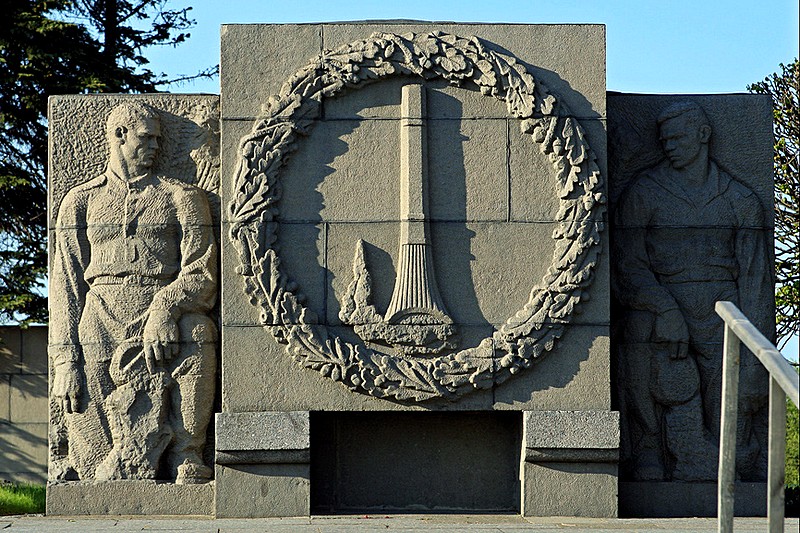 Detail of Motherland (Mother-Russia) sculpture at Piskaryovskoye Memorial Cemetery in St Petersburg, Russia