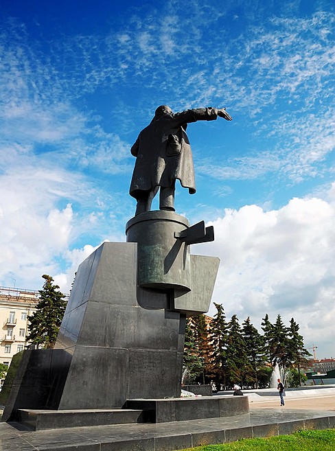 Monument to Bolshevik leader Vladimir Lenin giving a speech from an armored car in St Petersburg, Russia