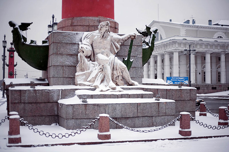 Winter view of a Rostral Column in St Petersburg, Russia