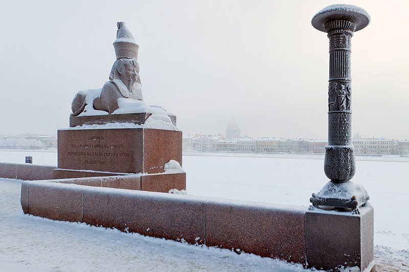 Ancient Egyptian sphinx covered with snow in St Petersburg, Russia