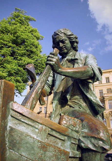 Tsar Carpenter statue on Admiralty Embankment in St Petersburg, Russia