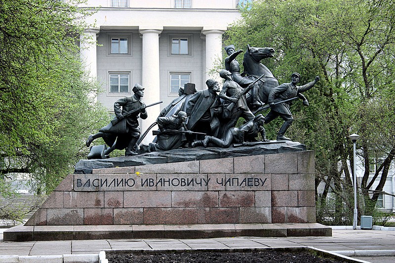 Monument to Vasiliy Chapaev (Civil War hero) next to a military academy in North St Petersburg, Russia