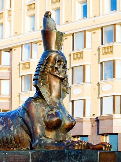 One of two sphinxes on Voskresenskaya Embankment in St Petersburg, Russia