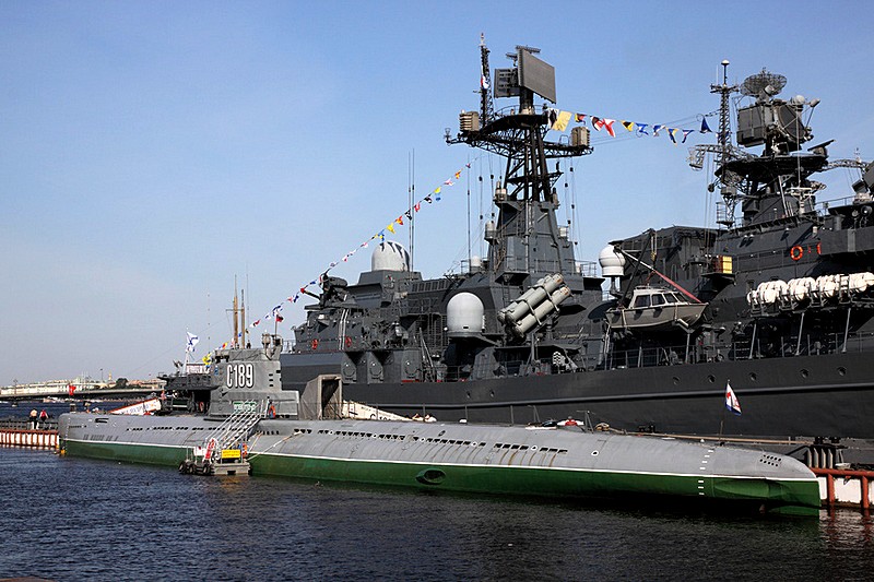 C-189 submarine moored off Lieutenant Schmidt Embankment in Saint-Petersburg, Russia