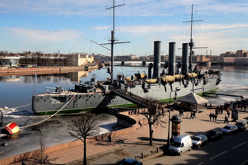 Cruiser Aurora on Petrogradskaya Embankment in St Petersburg, Russia