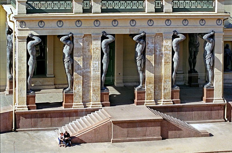 Portico of the New Hermitage with marble atlantes in St Petersburg, Russia