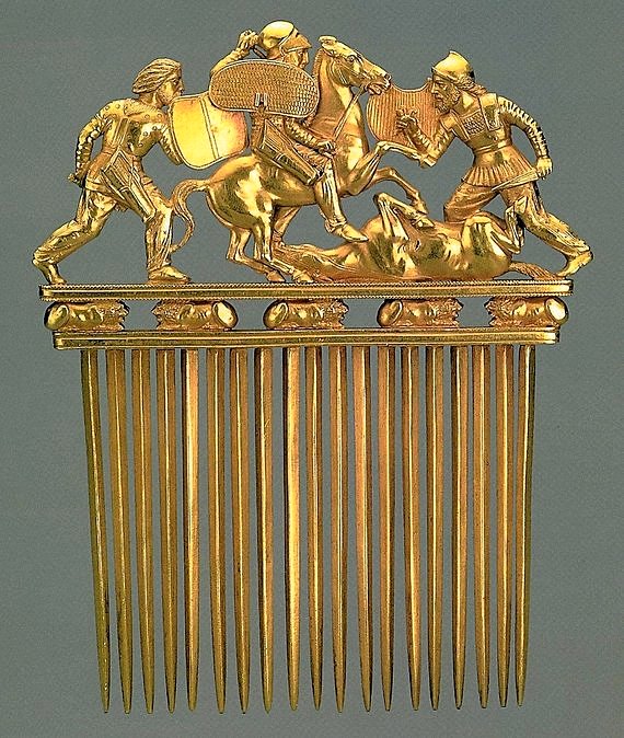 Scythian golden comb, probably made by Greeks, from Solokha, early 4th century, Hermitage Museum in St Petersburg, Russia