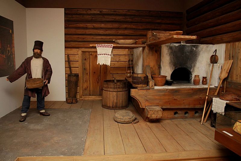 Interior of Russian izba at the Museum of Bread in St Petersburg, Russia