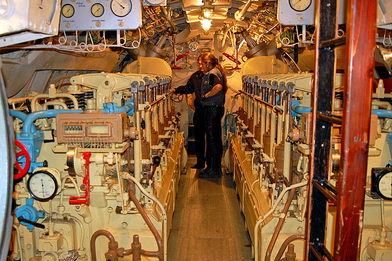 Engine room in the D-2 Narodovolets submarine in St Petersburg, Russia