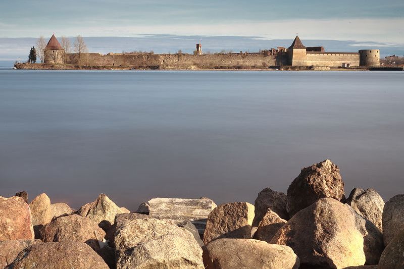 View of medieval Oreshek Fortress from a river bank east of St Petersburg, Russia