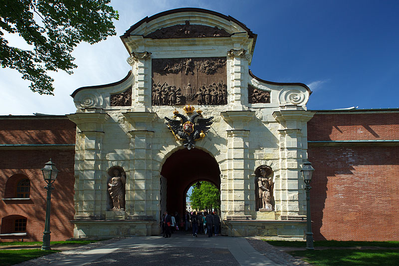 St. Peter's Gate (Petrovskiye Vorota) at the Peter and Paul Fortress, designed by Trezzini in Saint-Petersburg, Russia