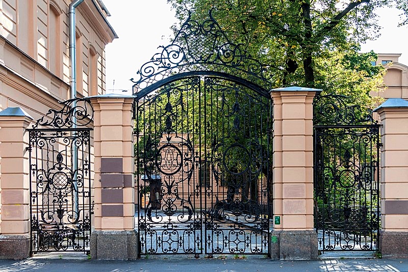 Wrought-iron gates the Palace of Grand Duke Alexander Mikhailovich Romanov on Naberezhnaya Reki Moyki in St. Petersburg, Russia