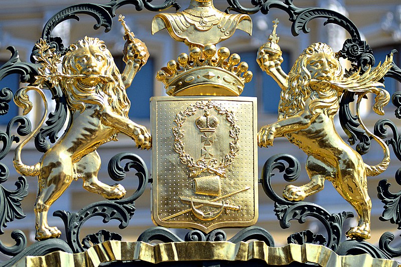 Coat of arms of the Counts Sheremetev on the gate of the Sheremetev palace in St Petersburg, Russia