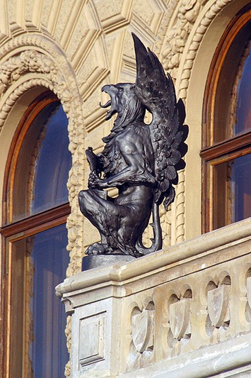 Sculptures of mythological figures on the porch of the Palace of Grand Duke Vladimir Alexandrovich in St Petersburg, Russia