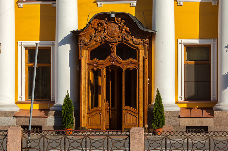 Carved oak door of the Yusupov Palace in St Petersburg, Russia