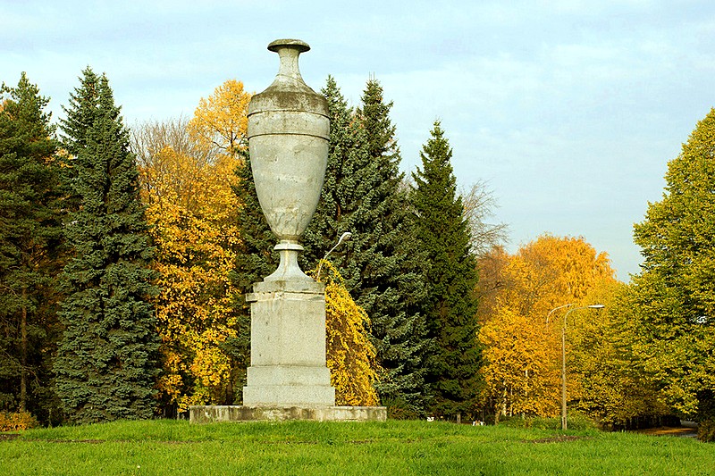 Elegant stone vase on the main alley of Primorskiy Victory Park in St Petersburg, Russia