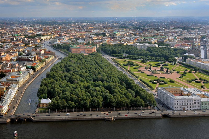 Panorama of the Summer Garden and surrounding landmarks, including St Michael's Castle and the Field of Mars in St Petersburg, Russia