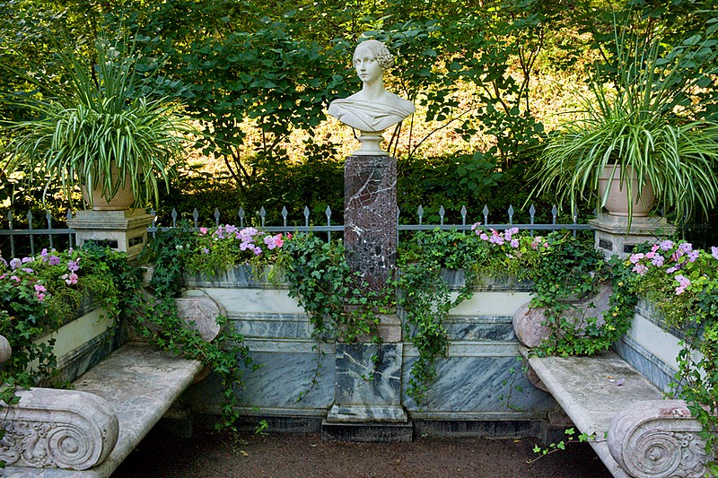 Memorial bench of Grand Duchess Alexandra Nikolaevna in Peterhof, west of St. Petersburg, Russia