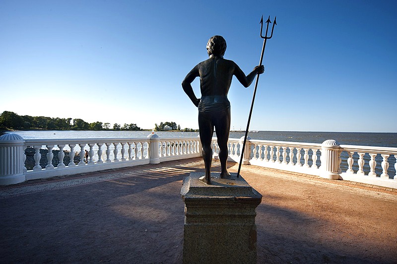 Sea terrace of Monplaisir Palace in Peterhof, west of St. Petersburg, Russia