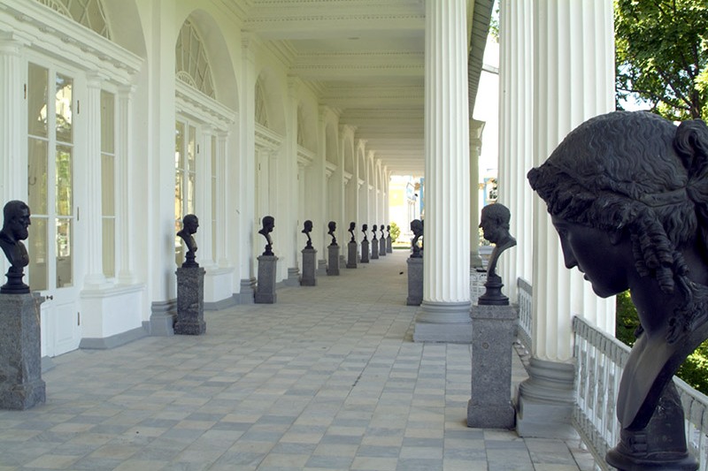 Copies of classical sculptures on the open terrace of the Cameron Gallery in Tsarskoye Selo (Pushkin), south of St Petersburg, Russia