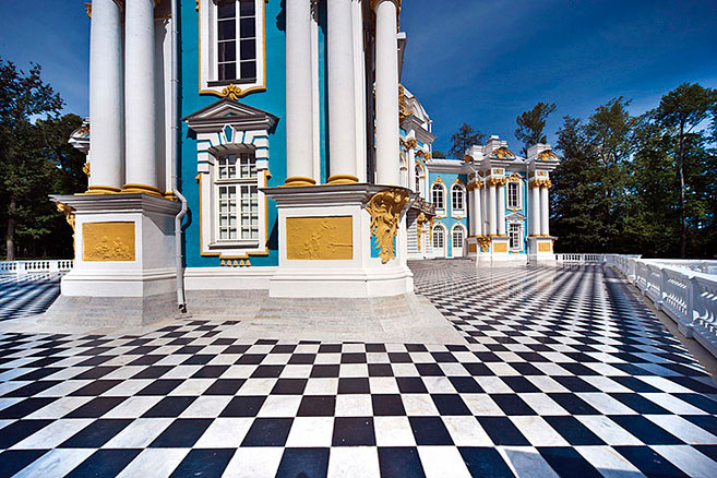 Checkered floor design in Catherine Garden in Tsarskoye Selo (Pushkin), south of St Petersburg, Russia