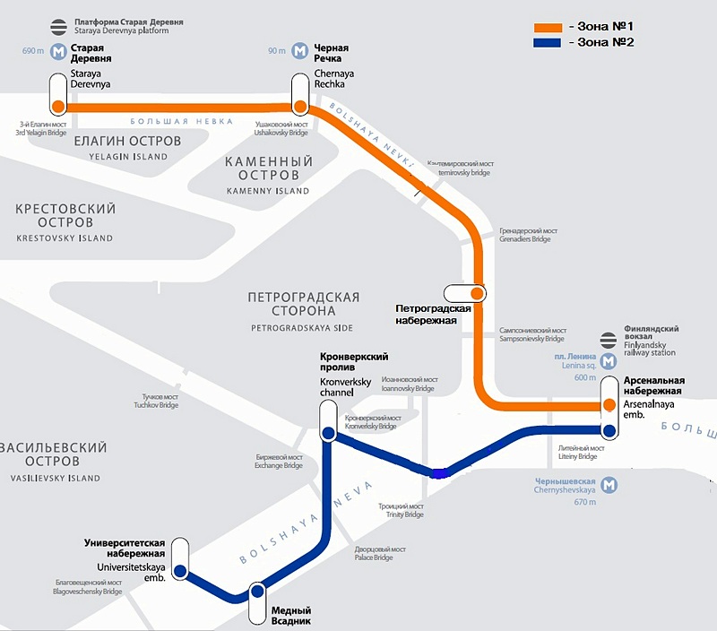 Map of Aquabus on the Primorskaya line in St Petersburg, Russia