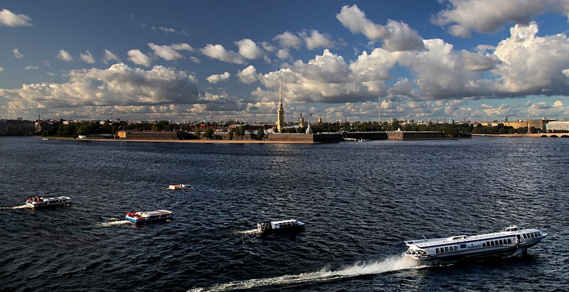 Tour boats on the Neva River in St Petersburg, Russia