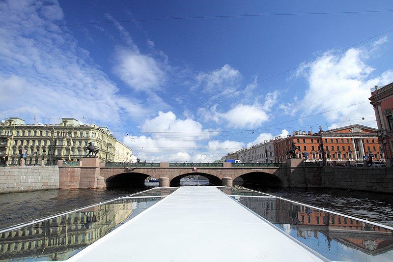 View of Anichkov Bridge from a tour boat in St Petersburg, Russia