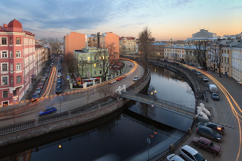 Lion Bridge and a view of the Griboedov Canal in St Petersburg, Russia