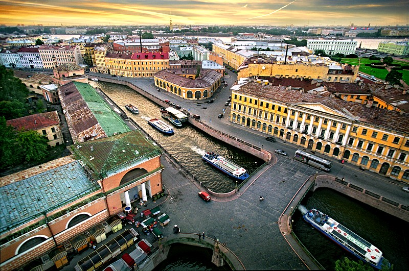 Moyka River and three bridges in Saint-Petersburg, Russia