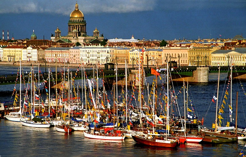 Festive yachts moored next to Blagoveshchenskiy Bridge in St Petersburg, Russia