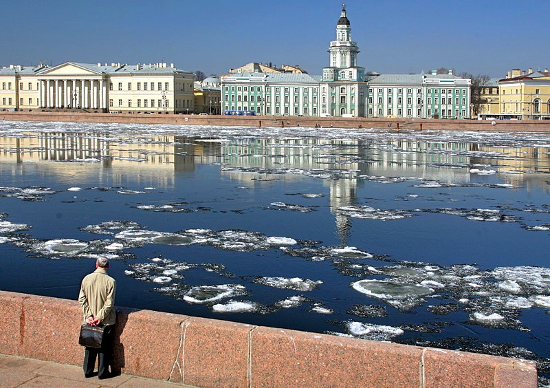Ice on the Neva River opposite the Kunstkammer in Saint-Petersburg, Russia
