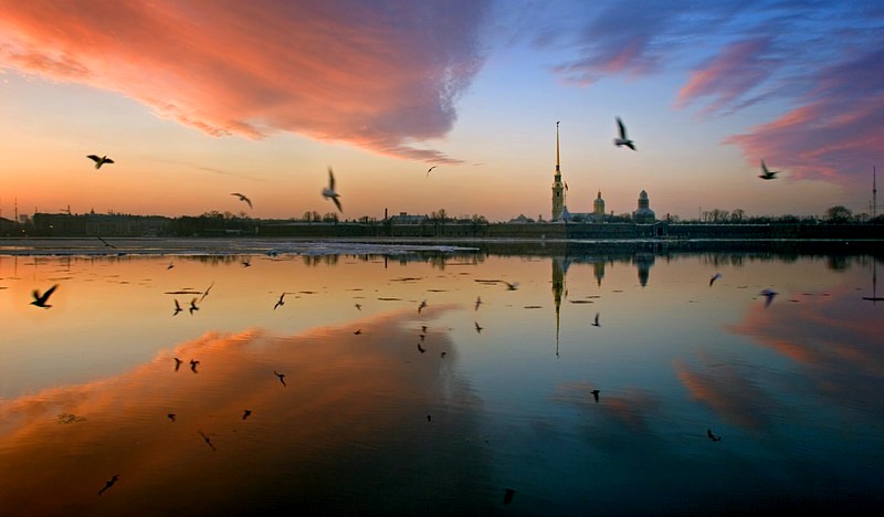 Neva River opposite the Peter and Paul Fortress at sunrise in St Petersburg, Russia