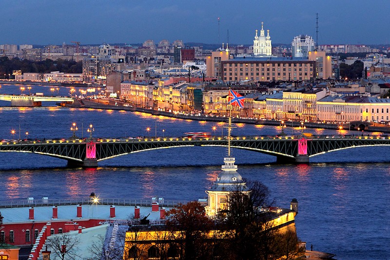 Night illumination of the Neva River bridges in St Petersburg, Russia