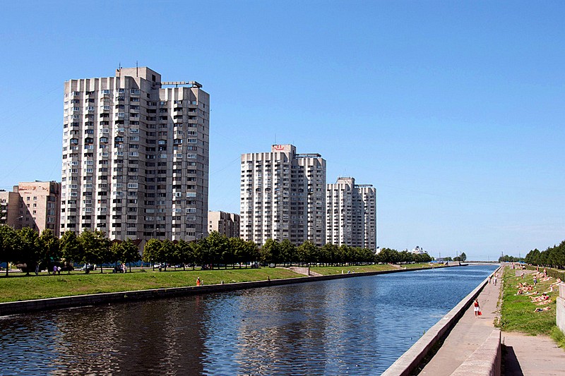 Smolenka River and Novosmolenskaya Embankment in St Petersburg, Russia