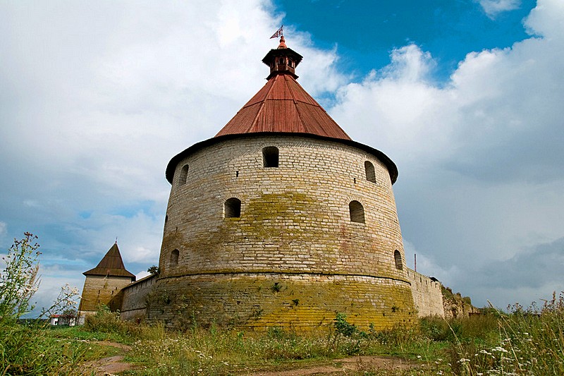 One of the medieval towers at Oreshek Fortress on the Neva River, east of St Petersburg, Russia