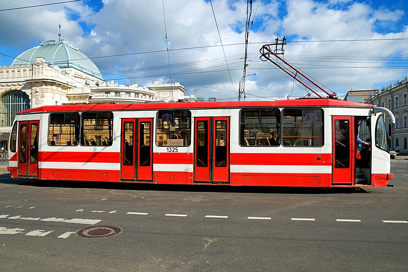 Tram in front of the Vitebsk Railway Station in St. Petersburg, Russia