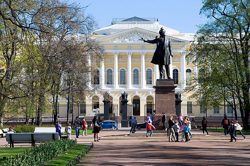 Arts Square, Statue of Alexander Pushkin and Russian Museum in Saint Petersburg, Russia