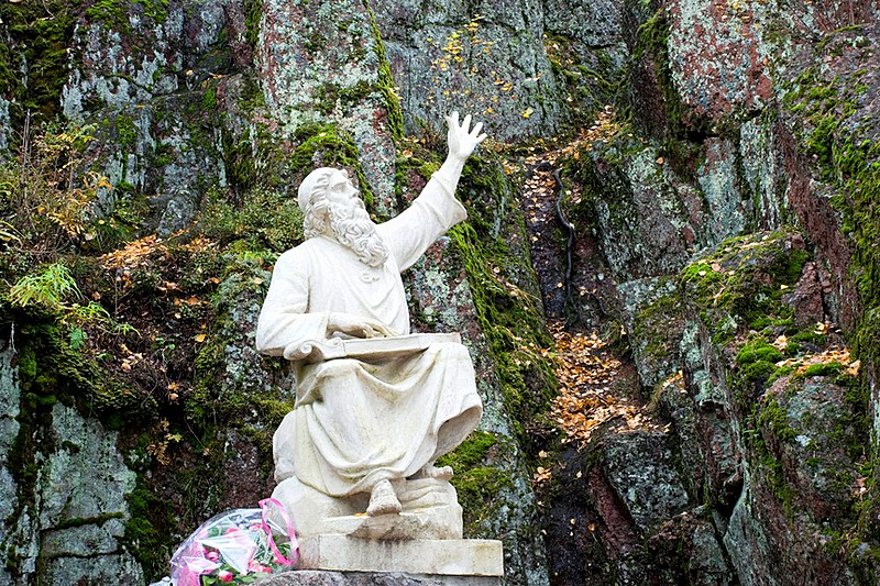 Monument to a Finnish folk hero at Monrepo (Mon Repos) Estate in Vyborg, northwest of St Petersburg, Russia