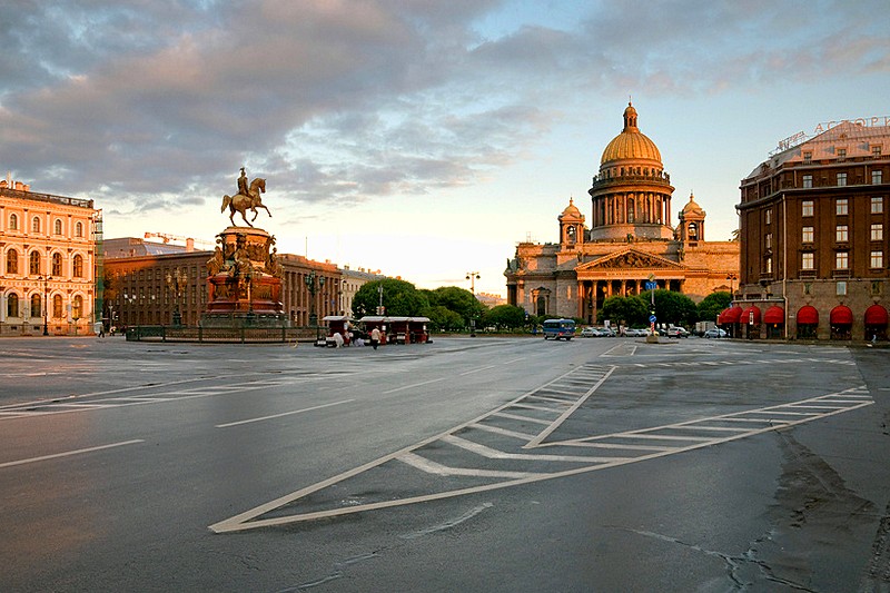 Isaakievskaya Ploshchad (St. Isaac's Square) with St Isaac's Cathedral, statue of Nicholas I and the former German Embassy in St Petersburg, Russia
