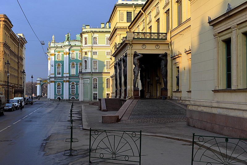New Hermitage, Small Hermitage and Winter Palace facing Milionnaya Ulitsa in St Petersburg, Russia