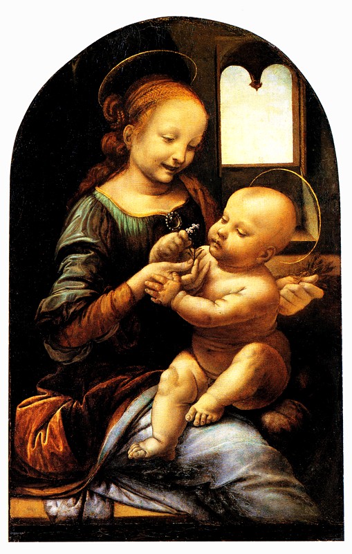 Oil on canvas. 1478. State Hermitage Museum Madonna and Child with Flowers (Benois Madonna) by Leonardo da Vinci at the Hermitage in St. Petersburg, Russia